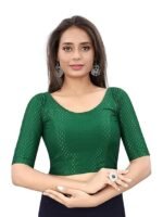 Round Neck Dobby Cotton Lycra Stretchable Elbow Half Sleeve Readymade Saree Blouse for Women Stylish