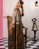 Women Floral Print Linen Saree - Image 2