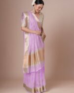Striped Saree with Contrast Border - Image 5