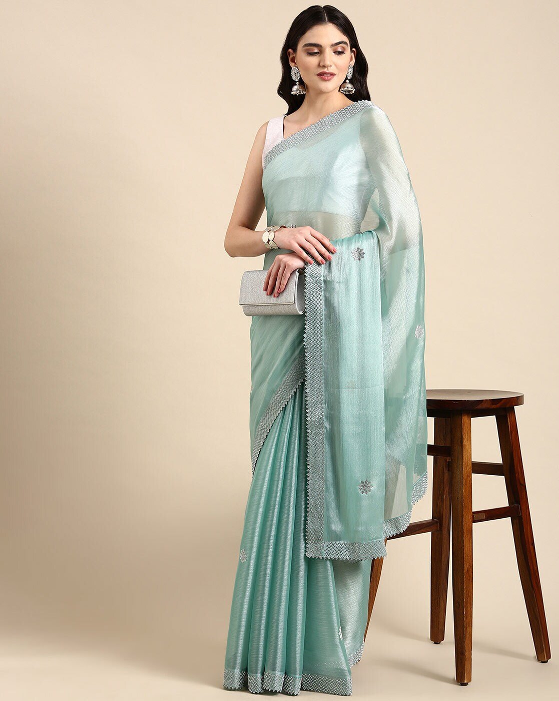 -1117Wx1400H-466395498-blue-MODEL Embroidered Saree with Contrast Border - Image 1