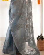 Women Embroidered Semi-Sheer Organza Saree - Image 5