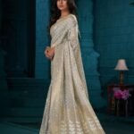 Sarah Idhika Cotton Saree, Grey Colour, Abstract Pattern, Unstitched Blouse Saree