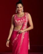 Women Pink Floral Printed Chinnon Lehenga Saree - Image 2